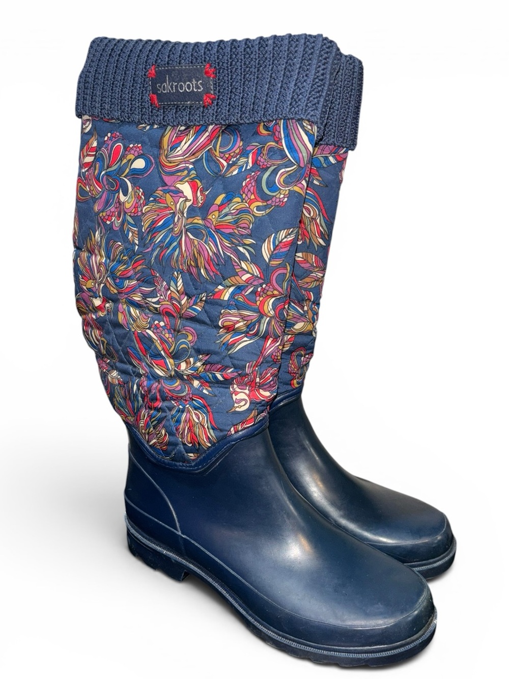 The Sak Sakroots Womens size 8 Blue Quilted Rubber Rain Boots Knitted Cuff